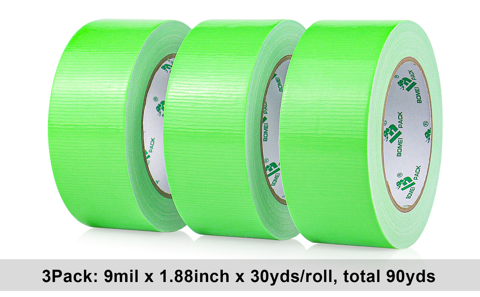 BOMEI PACK Green Duct Tape, 3Rolls Heavy Duty Strong Industrial Color Duct Tape 9mil x 1.88inch x 30yds for Packing and Repairing
