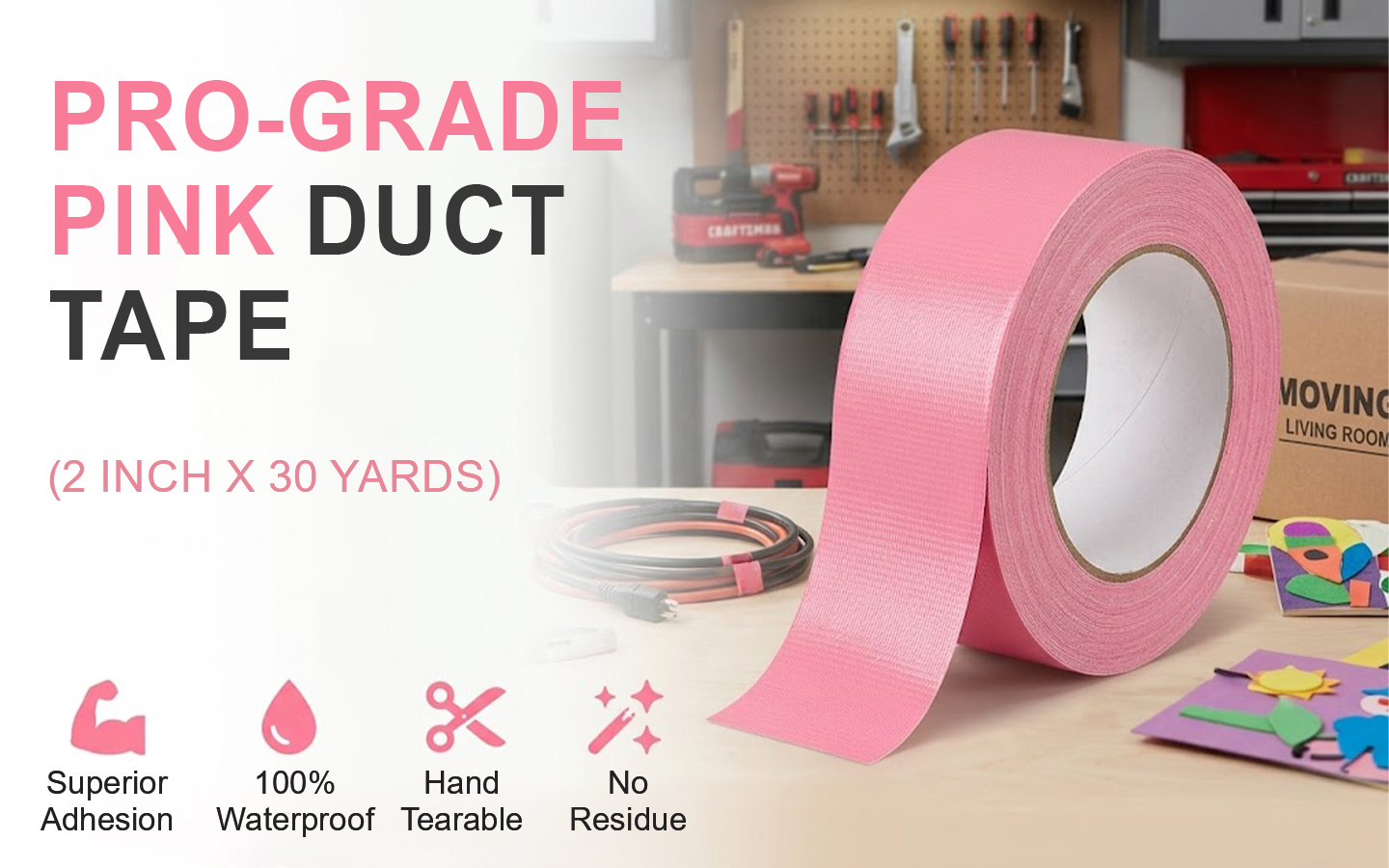 1-Roll Pink Heavy-Duty Duct Tape, 2 in x 30 yd, Indoor/Outdoor