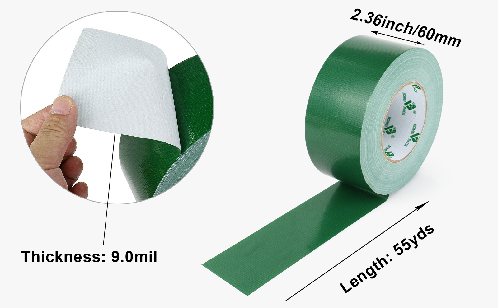 BOMEI PACK 2.5 Inch Duct Tape Green Industrial Grade 2.5 inches (60mm) x 60 Yards (179 ft), 9 Mil Heavy-Duty, Waterproof, UV Resistant for Crafts & Home Improvement
