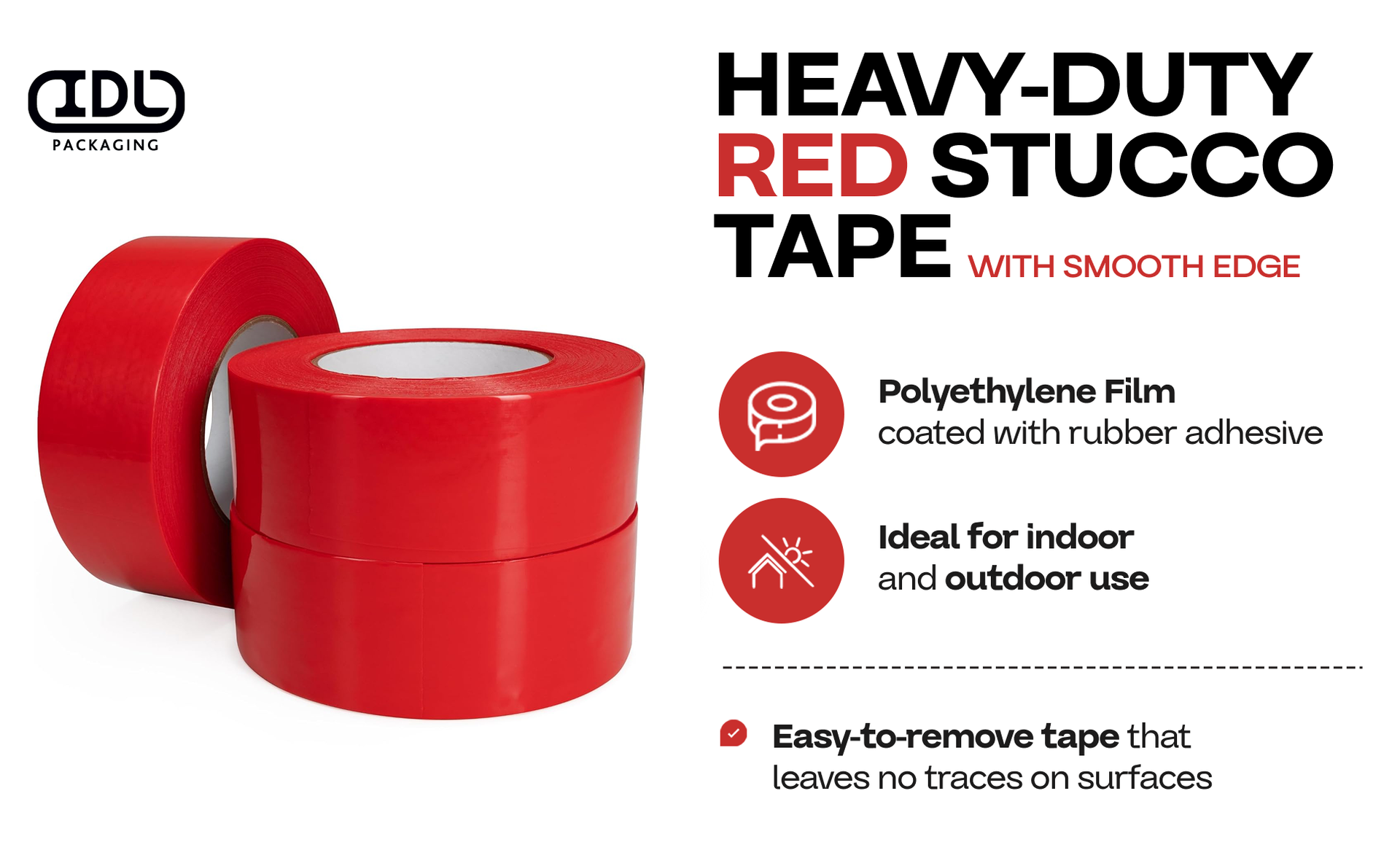 IDL Packaging 2" x 60 Yards Red Stucco Tape, 3 Rolls, Heavy-Duty, Smooth Edge - 60 Days Long-Lasting Bond, Leave No Traces - UV Resistant, Waterproof - Masking or Plastering Jobs