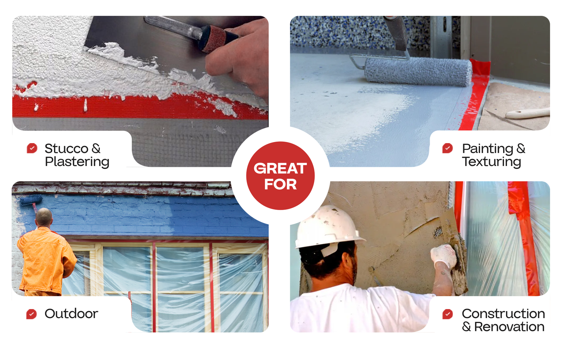IDL Packaging 2" x 60 Yards Red Stucco Tape, 3 Rolls, Heavy-Duty, Smooth Edge - 60 Days Long-Lasting Bond, Leave No Traces - UV Resistant, Waterproof - Masking or Plastering Jobs
