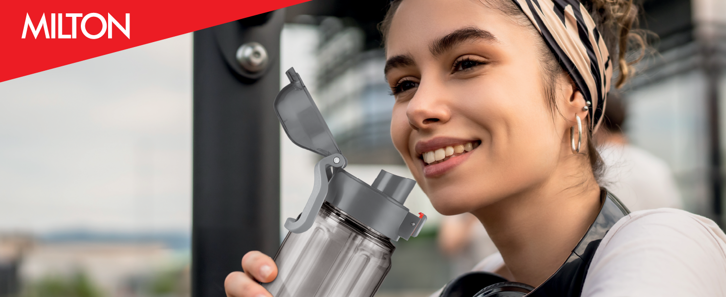 MILTON Aston 1000 BPA & BPS-Free Water Bottle 1 ltr | Food-Grade Plastic | One-Click Open | Leak-Proof | Sip & Gulp Lid I Ideal for Office, School, College, Gym, Grey