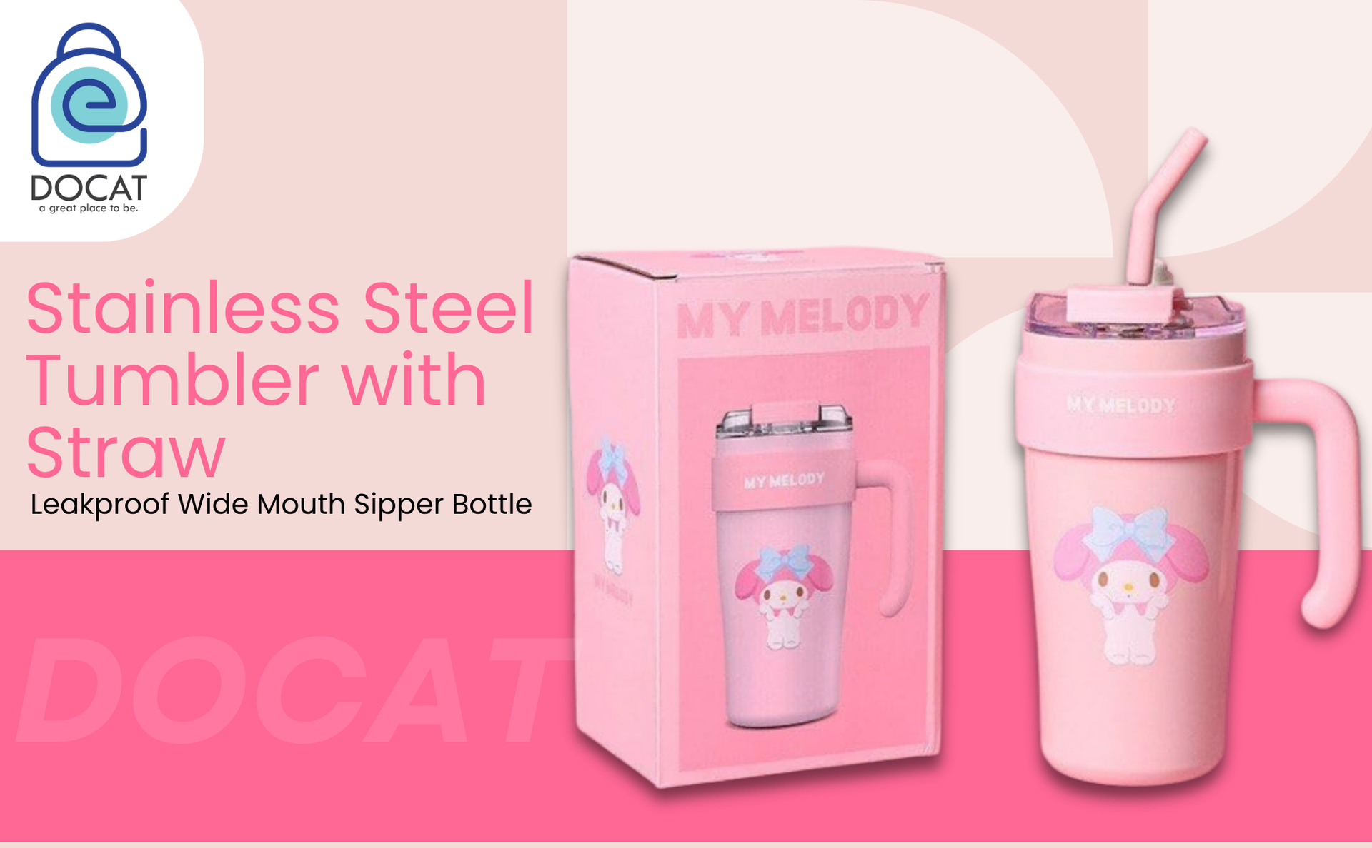 DOCAT 860ML Stainless Steel Tumbler with Straw, Vacuum Insulated Coffee Tumbler, Leakproof Wide Mouth Sipper Bottle with Straw, Hot and Cold Sipper for Gym, Office, Sport, Travel, Home (Pink-01)