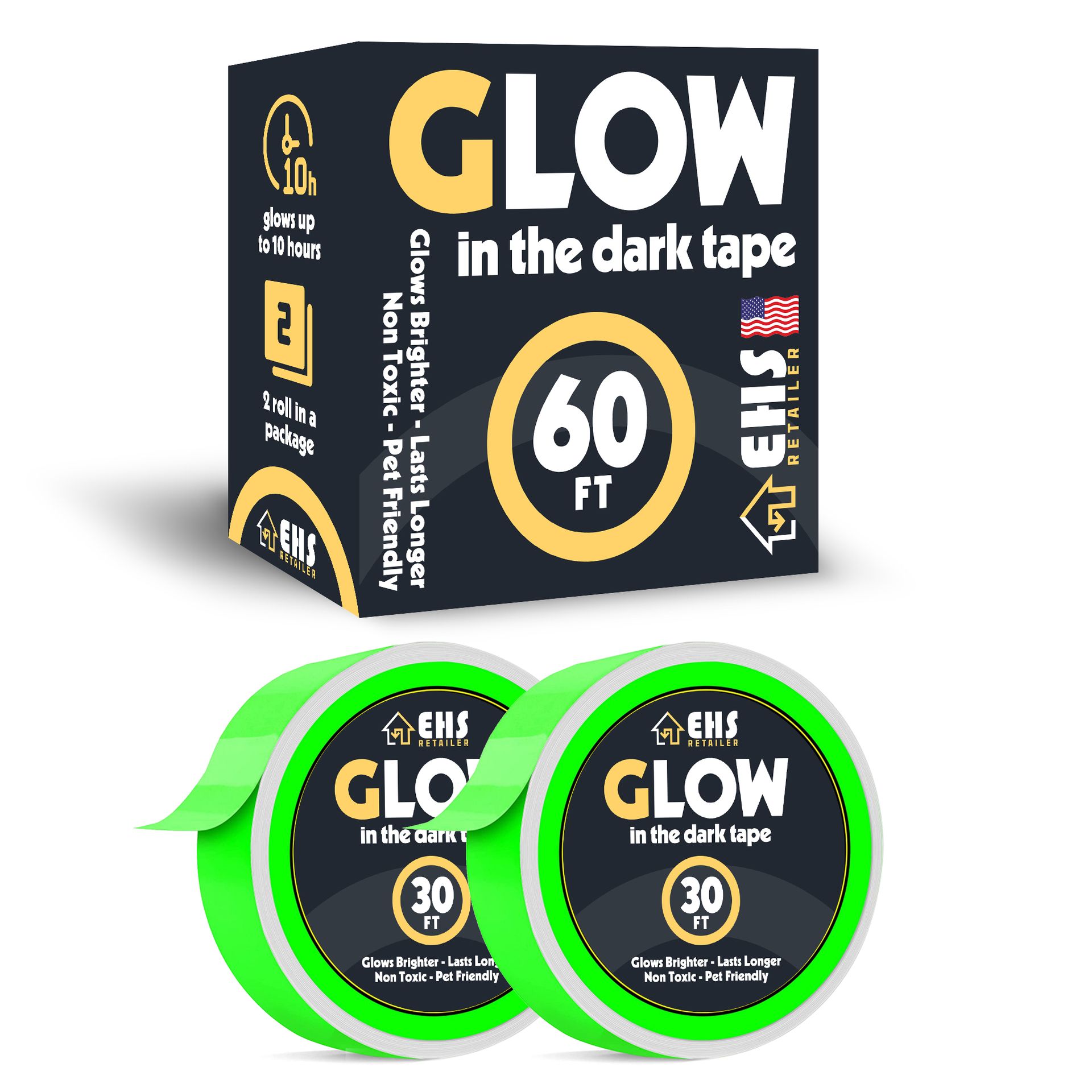 1 Inch x 60 FT Glow in The Dark Tape – Pack of 2 Rolls – Bright Rechargeable Fluorescent Glow Tape – Luminous Tape for Outdoors & Indoors –Glow Tape– Tape for Home Decoration & Markings