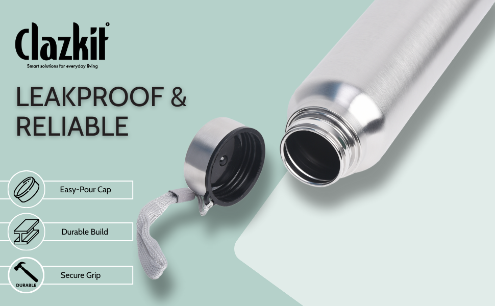 Clazkit Water Bottle Stainless Steel Sports/Fridge Bottle with Leak Proof Lid | Single Wall | For Home, Office, Gym, Travelling | Lightweight | BPA Free | 1000ml | Silver)