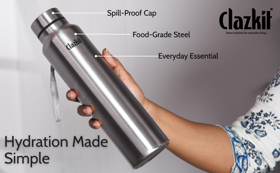 Clazkit Water Bottle Stainless Steel Sports/Fridge Bottle with Leak Proof Lid | Single Wall | For Home, Office, Gym, Travelling | Lightweight | BPA Free | 1000ml | Silver)