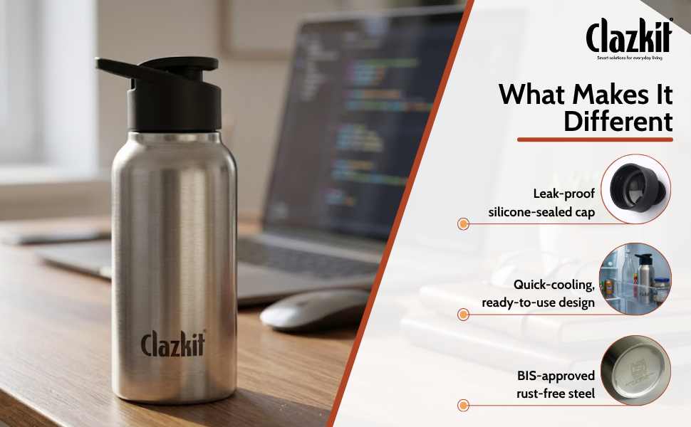 Clazkit Sporty Stainless Steel Water Bottle 500ml Set of 1 |ISI Certified| Leakproof, Rust-Free, BPA-Free, Durable for College, Fridge, Sports, Gym, Yoga & Office