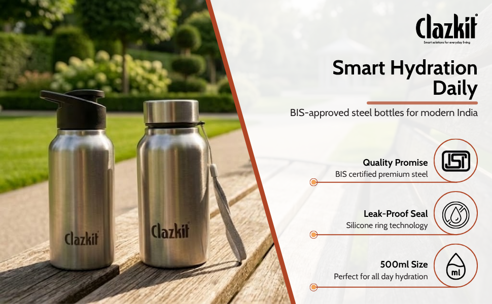 Clazkit Sporty Stainless Steel Water Bottle 500ml Set of 1 |ISI Certified| Leakproof, Rust-Free, BPA-Free, Durable for College, Fridge, Sports, Gym, Yoga & Office
