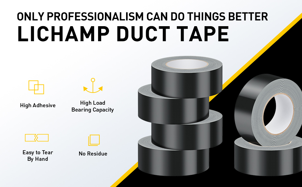 Lichamp 6 Rolls Heavy Duty Black Duct Tapes, 2 Inches x 25 Yards, 17 mil
