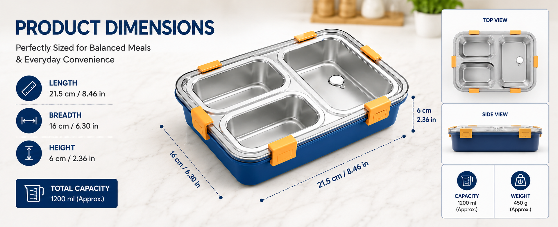 Misamo Enterprise Stainless Steel Lunch Box for Kids & Adults, 3 Compartment Lunch Box, Leak Resistant Food Grade Tiffin Box with Spoon & Fork, BPA Free (Blue)