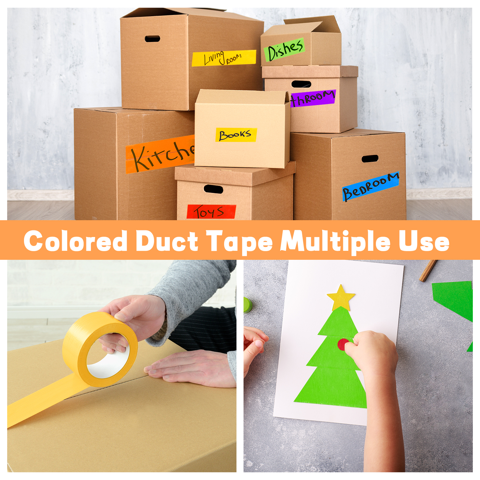 Rouceyxin Rainbow Colored Duct Tape, 6 Pack Heavy Duty Duct Tape Bulk, Waterproof, No Residue, Writable, Tear by Hand, 15 Yards x 2 Inch, for Packaging, Labeling, Arts and Craft