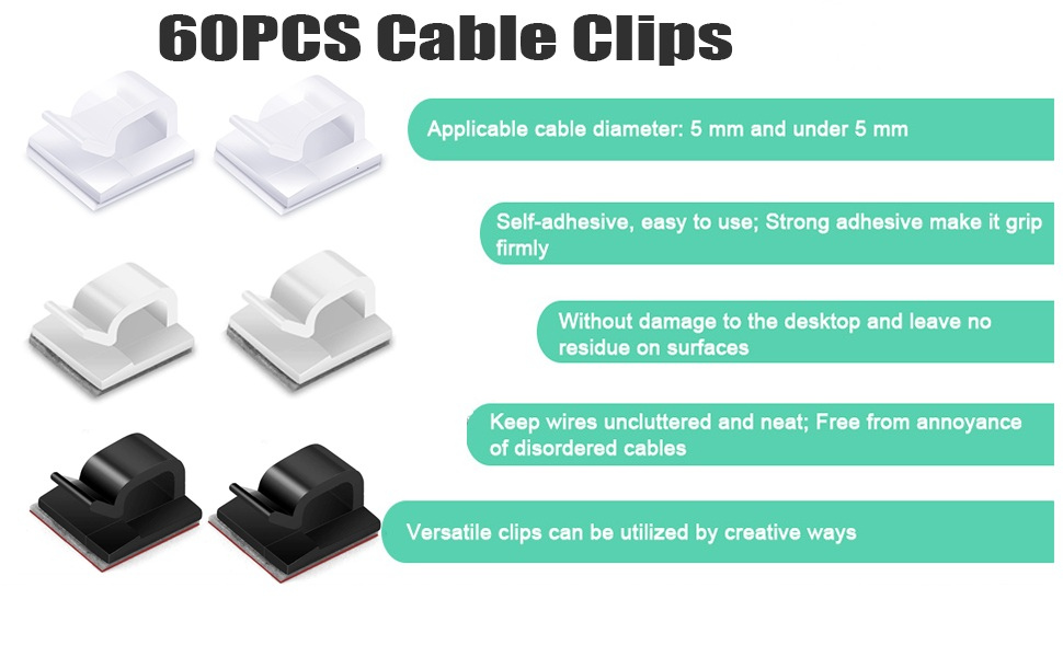 RYCHUI Pack of 60 Transparent Cable Holders, Outdoor Cable Clips, Cable Management Organiser, Self-Adhesive, U-Shape, 5mm Max Cable Diameter
