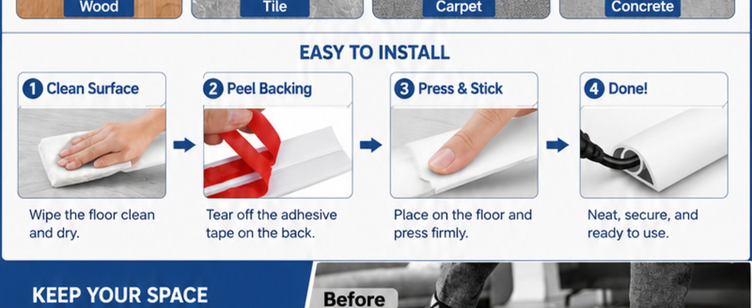 Herrlich Homes 9.9 ft Self Adhesive PVC Cord Cover for Floor | Cuttable Soft PVC Floor Cord Hider | Flexible | for Home, Office | 9.9 ft
