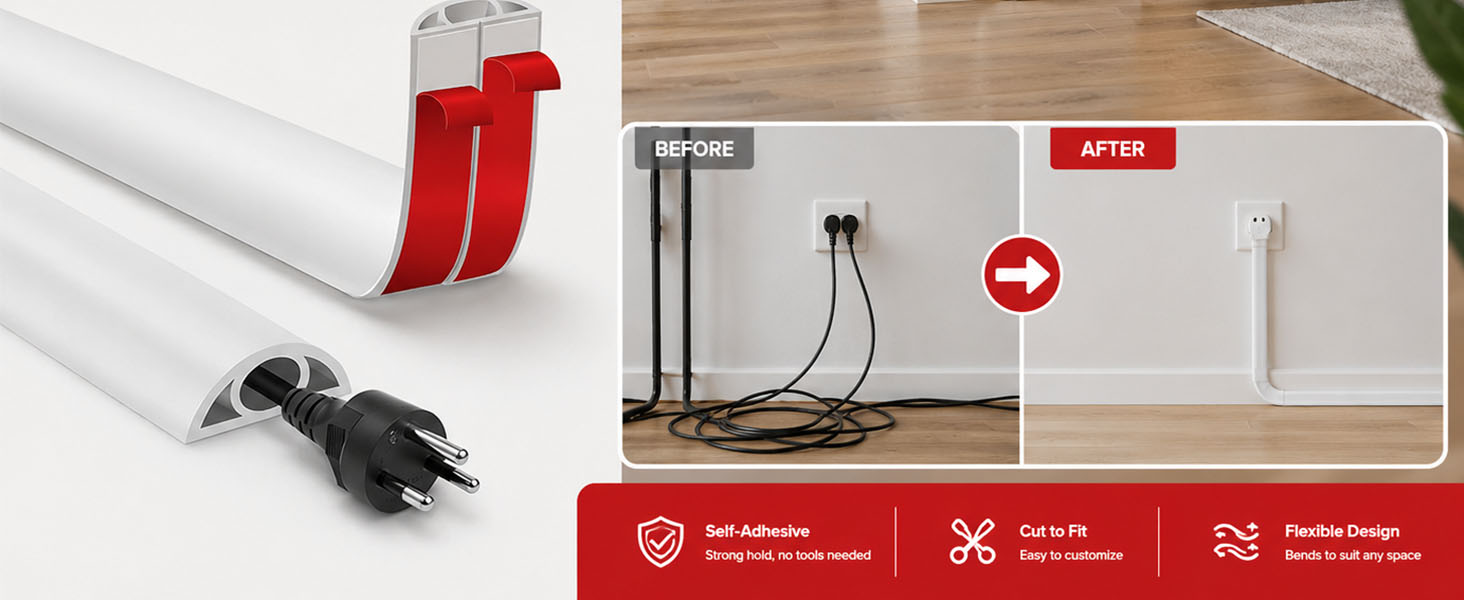 Serplex® PVC Floor Cord Hider, 6.6 ft Flexible Self-Adhesive Cable Cover