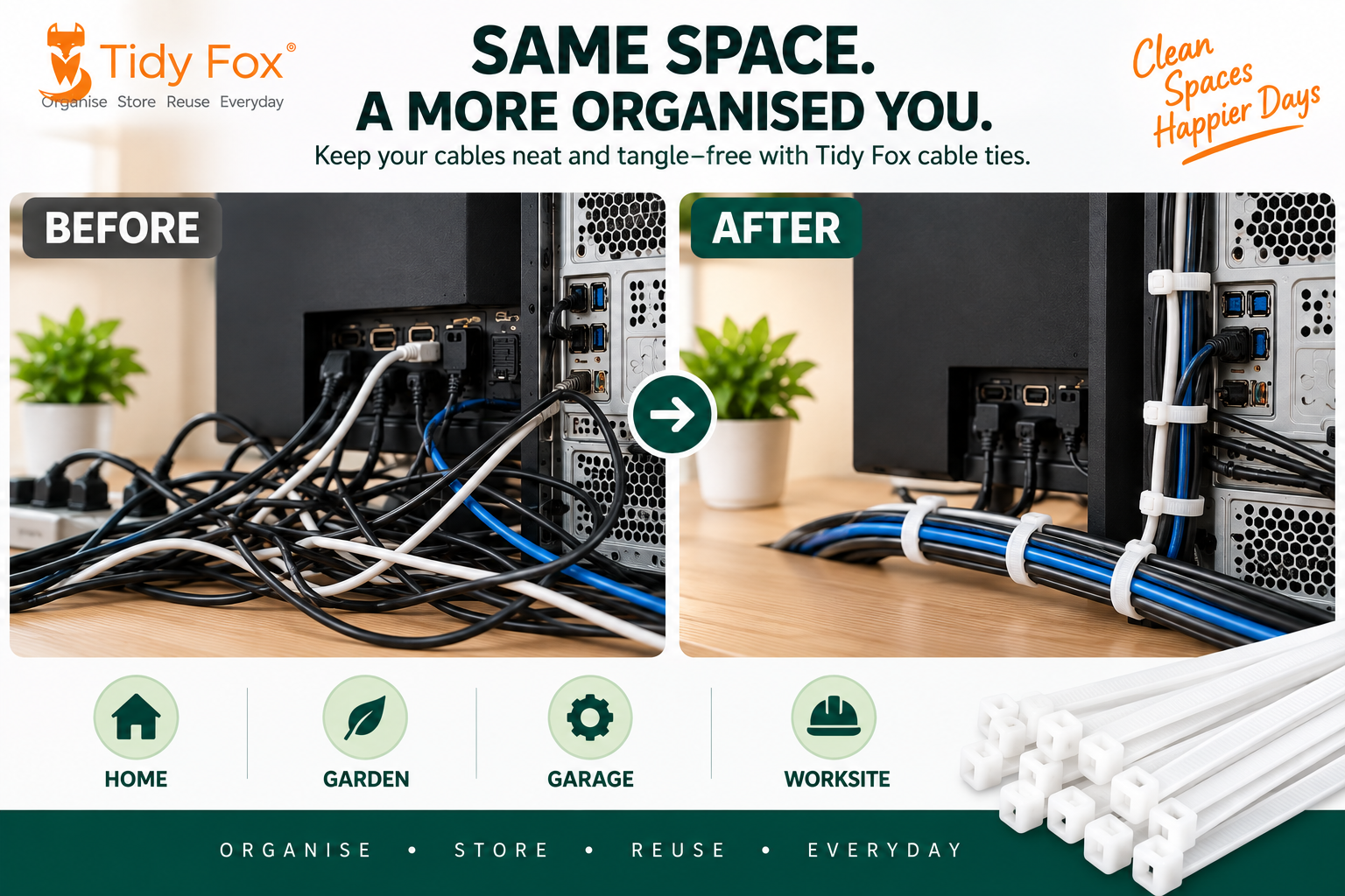 Tidy Fox Heavy Duty Nylon Cable Ties, Self Locking Zip Ties, 12 inch (300 mm) x 3.6 mm, Pack of 100, White, for Cable Management, Garden and Outdoor Use, Made in India