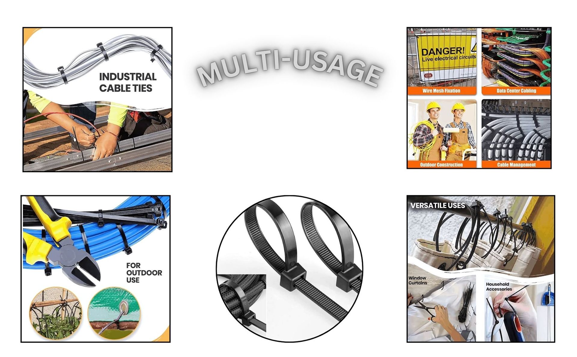 Hian 8-Inch Black Zip Ties – 100-Pack, UV Resistant, 50lb Tensile Strength, Self-locking Plastic for Indoor and Outdoor Use (Black 200mm x 3.6mm)