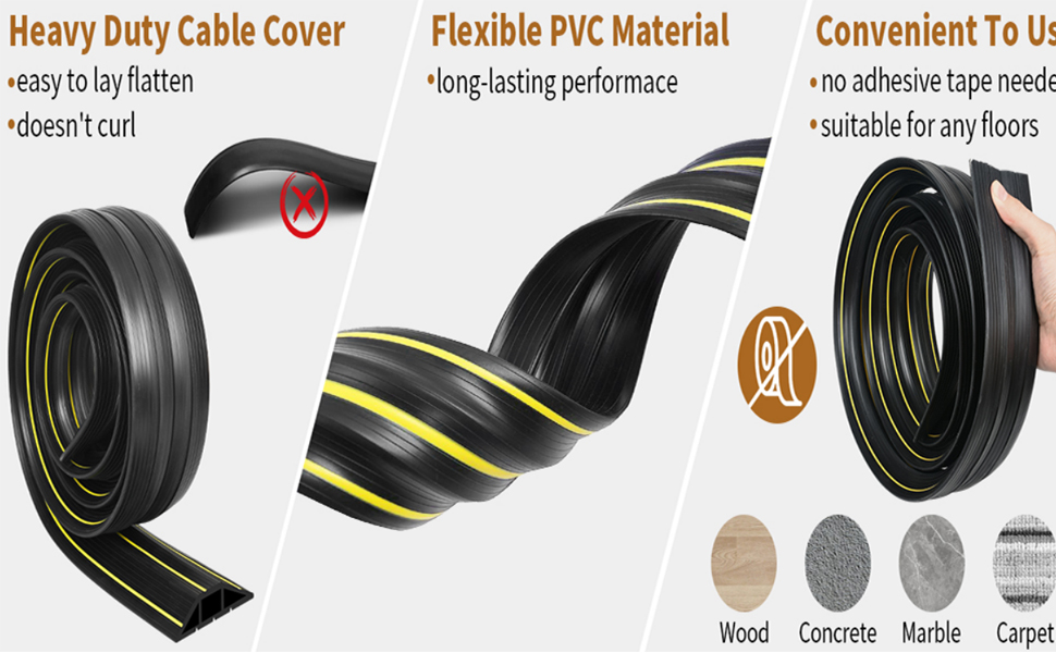 HASTHIP® 6.56ft Floor Cable Cover with 3 Channels, Cord Covers for Wires