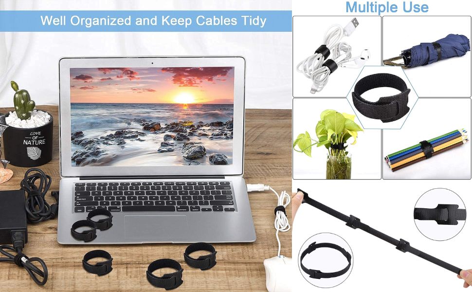 Hian Reusable Cable Ties, Hook and Loop Cord Straps, 6 Inch, Black, Adjustable Reusable Wire Organizers for Cable Management, PC, TV, Desk, Home and Office, Pack of 60