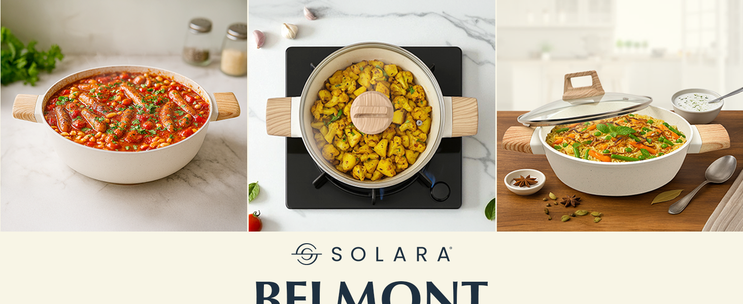 SOLARA Belmont Ceramic Non Stick Kadai With Lid for Cooking, 2.2 Litre/24Cm Non Stick Kadhai, Cast Aluminium Body casserole, Stew Pot, Biriyani Bowl, Gas & Induction Compatible, Ivory