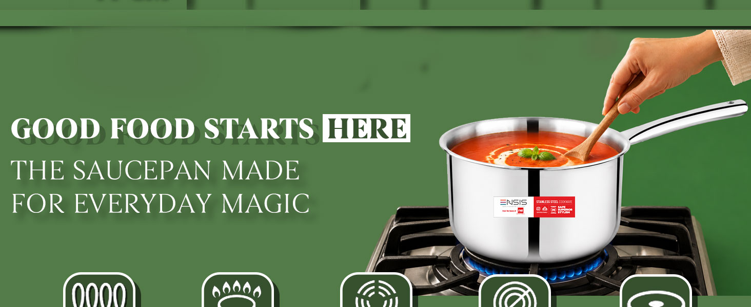 ENSIS triply Induction Sauce pan | Stainless Steel Triply Cookware | 1.5 Liter Tea Saucepan | 16 cm Sauce pan with lid - 5 Year Warranty | Steel Saucepan for Tea