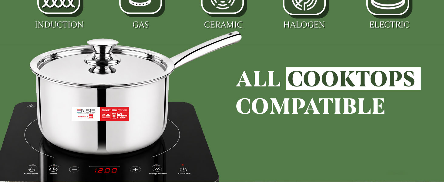 ENSIS triply Induction Sauce pan | Stainless Steel Triply Cookware | 1.5 Liter Tea Saucepan | 16 cm Sauce pan with lid - 5 Year Warranty | Steel Saucepan for Tea