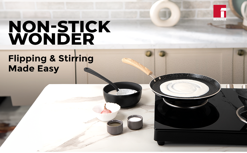 BERGNER Bellini Plus Aura 5-Layer Non-Stick 30 cm Dosa Tawa, Soft Touch Wooden Finish Handle, Food Safe, PFOA Free, Even Heat Distribution, 4mm Thickness, Induction Bottom, 1-Year Warranty, Black