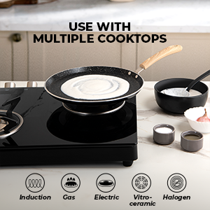 BERGNER Bellini Plus Aura 5-Layer Non-Stick 30 cm Dosa Tawa, Soft Touch Wooden Finish Handle, Food Safe, PFOA Free, Even Heat Distribution, 4mm Thickness, Induction Bottom, 1-Year Warranty, Black