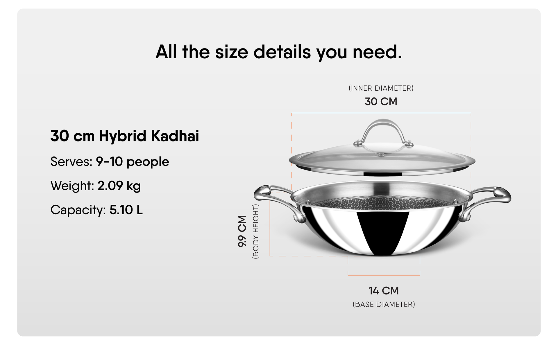 Stahl Artisan Hybrid 5.1 L, 30cm Triply Non Stick Kadhai with Lid, Stainless Steel Kadai for Cooking, Triply Kadhai Metal Spatula Friendly, Induction & Gas Stove Compatible