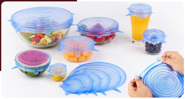 Carrot - Silicone Stretch Lids, Multi Size Reusable Silicone Lids Food And Bowl Covers, Dishwasher And Freezer Safe (Color May Vary) (Pack Of 6 Pcs), 10x10x2 Cm