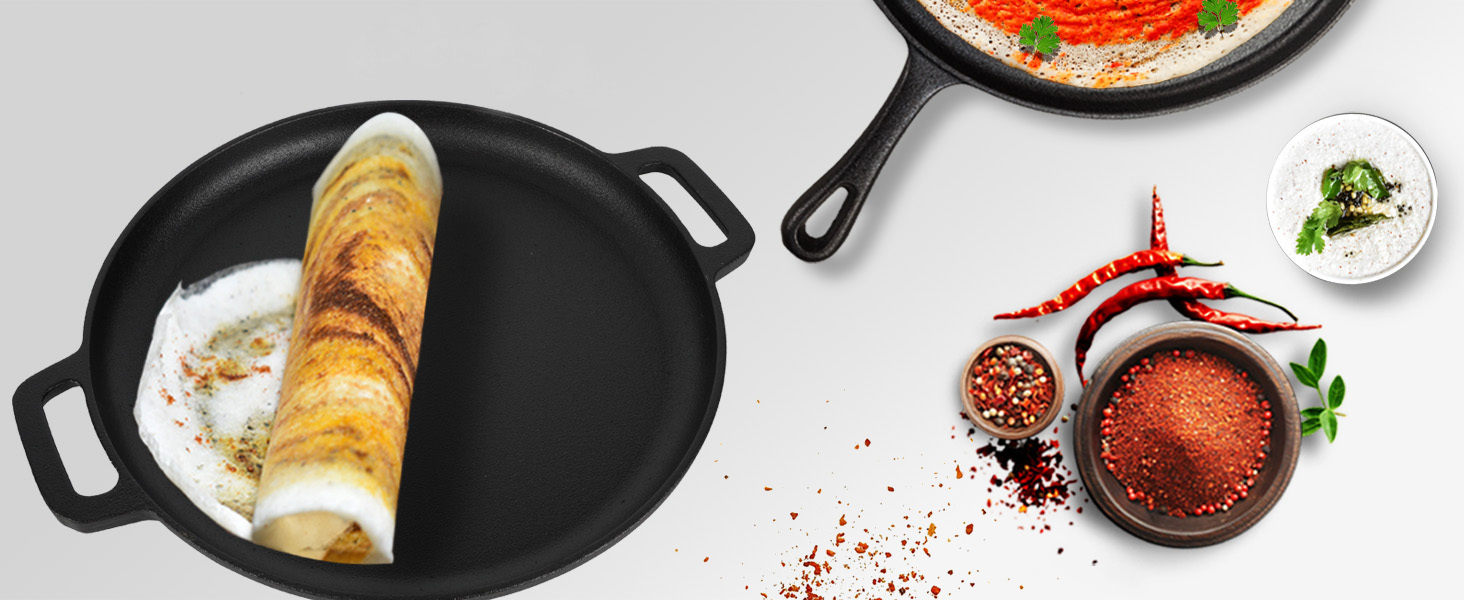 SOLARA Crownstone Cast Iron Dosa Tawa 12 Inch with Handle