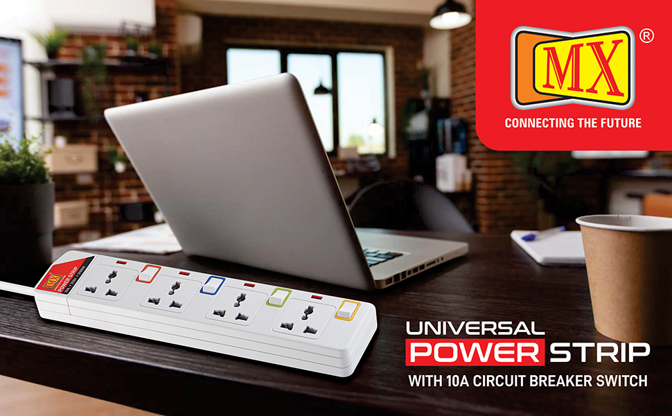 MX 4 Way Universal Power Strip 3 MTR with Individual Switches, Power Indicator & Child Safety Shutter, Multi Socket Extension Board, Spike Guard Extension Cord for Home & Office