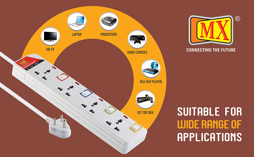 MX 4 Way Universal Power Strip 3 MTR with Individual Switches, Power Indicator & Child Safety Shutter, Multi Socket Extension Board, Spike Guard Extension Cord for Home & Office