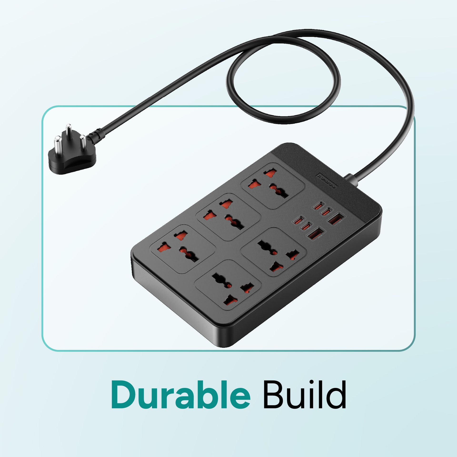 Ambrane Extension Board, 4 Type C, 2 USB, 5 International Power Sockets, 2500W Output, Long Cable, Wall Mount Option, Supports Laptop Charging for Office, Home Appliances (SmartStrip 2 Pro, Black)