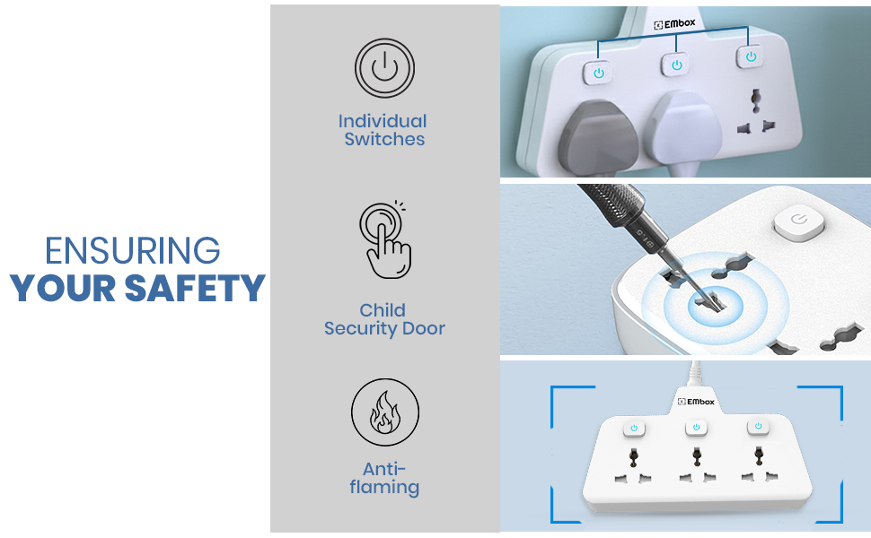 EMBOX Multi Plug Socket 2500 W | Extension Board with Switches | 3 Universal Sockets Multi Plug Adapter Fast Charging No Block Design, White