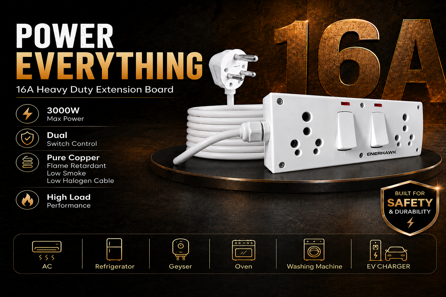 Extension Board Heavy Duty 16A | Extension Cord Power Strip high Load Capacity 3000 Watt | 16 amp Socket for AC Refrigerator, Geyser, Oven, ev Charger Charging | 1 Meter Copper Cable.