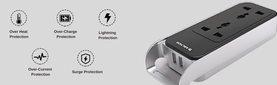 Anchor by Panasonic 6A 2 Universal Socket with 2 USB Port | 6A Extension Board with 2.4A 2 USB Port | Multi Plug Socket for Home Wall, Office (22052)