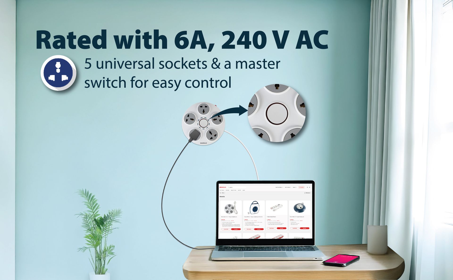 Havells Wheel Star 5X 5+1 Round Extension Board | Overload, Over Current & Over Voltage Protection | 1.5 Mtr Copper Wire | ISI Certified Wire & Plug | Universal 3 Pin 5 Sockets | LED Indicator | Home & Office Use