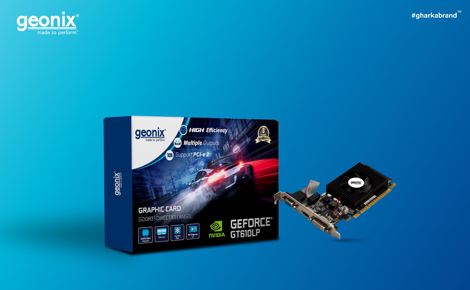 GEONIX Geforce GT-610LP 2GB ddr3_sdram pci_e Memory Graphics Card | VGA/HDMI/DVI Video Output | 3 Years Warranty