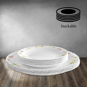 CELLO Tropical Lagoon Dazzle Series Opalware Dinner Set of 18 Pieces For Family of 6 | Bone-Ash Free & Leadfree Opal Glass, Microwave & Dishwasher Safe Plates & Bowls Crockery Set For Dining & Gifting