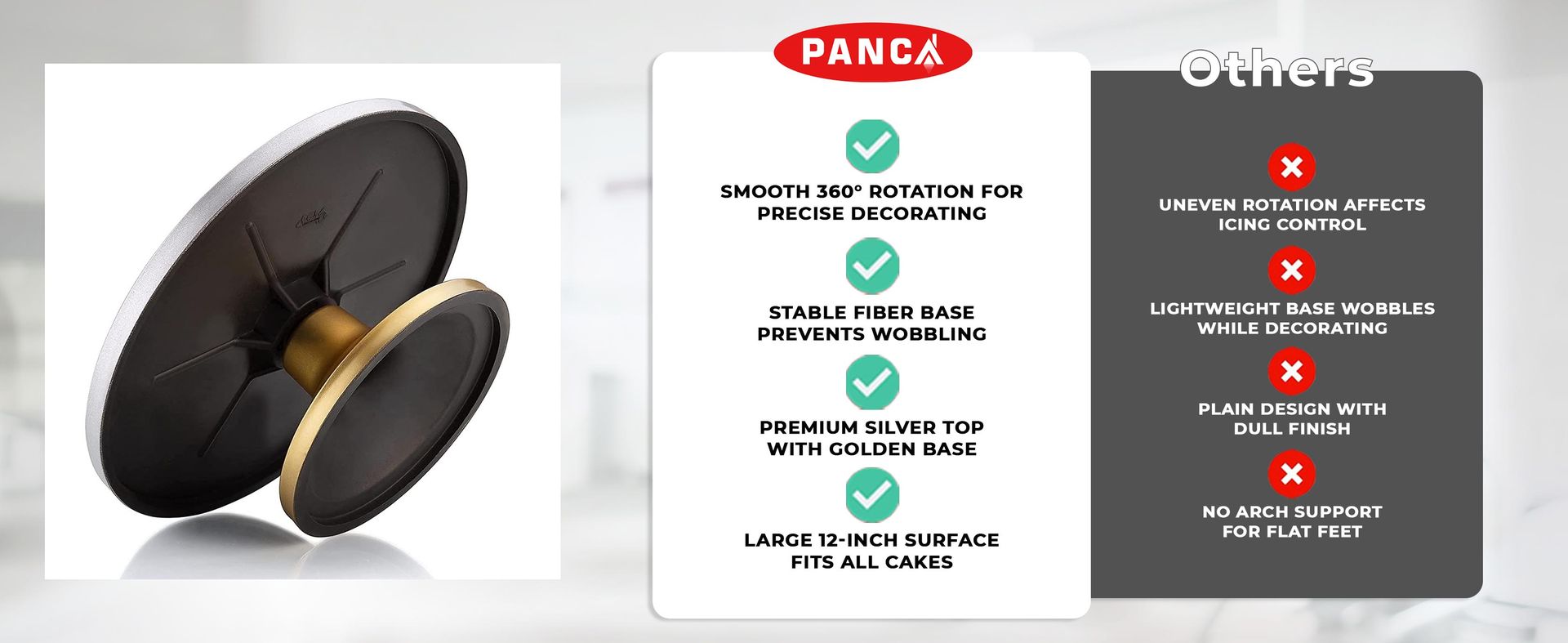 PANCA Cake Decorating & Icing Turntable | Signature Edition 12-Inch 360° Rotating Cake Stand for Baking & Serving | Fiber Cake Turntable with Silver Top & Golden Base | Professional Cake Decorating Stand