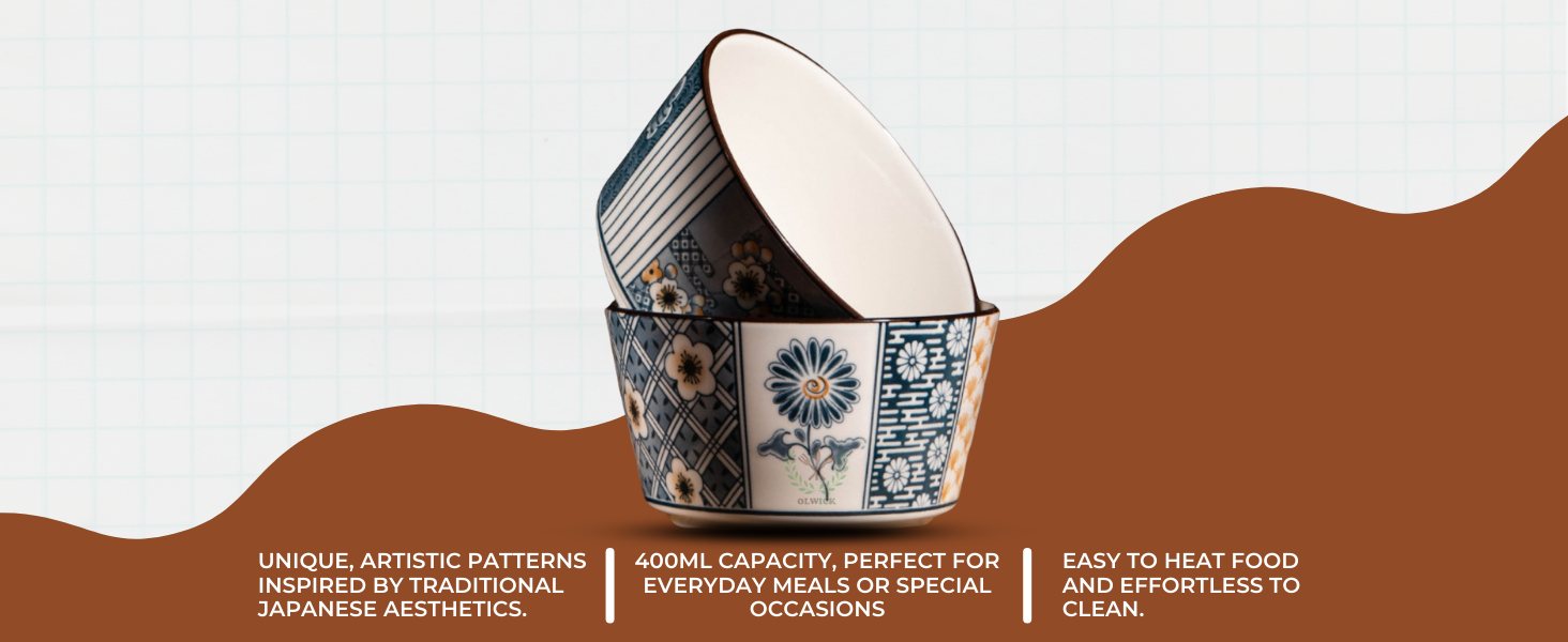 Japanese Style Ceramic Snack Bowls-400ml, Handcrafted Floral & Geometric Patterns, Set of 4, (Random)