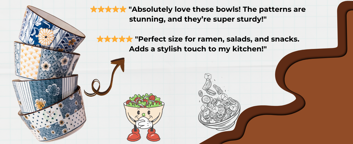 Japanese Style Ceramic Snack Bowls-400ml, Handcrafted Floral & Geometric Patterns, Set of 4, (Random)