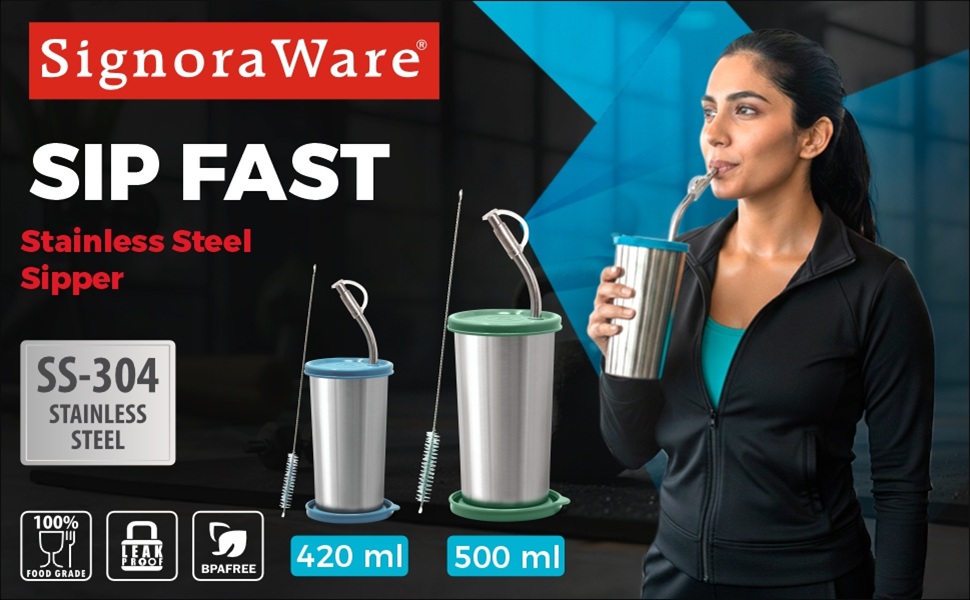 Signora Ware Sip Fast Stainless Steel Tumbler with 1 Straw and Two Lid | Leak-Proof | Reusable Straw | Lightweight and Portable | Non Toxic | Outdoor Activities | Smoothies & Shakes (420 Ml | E Blue)