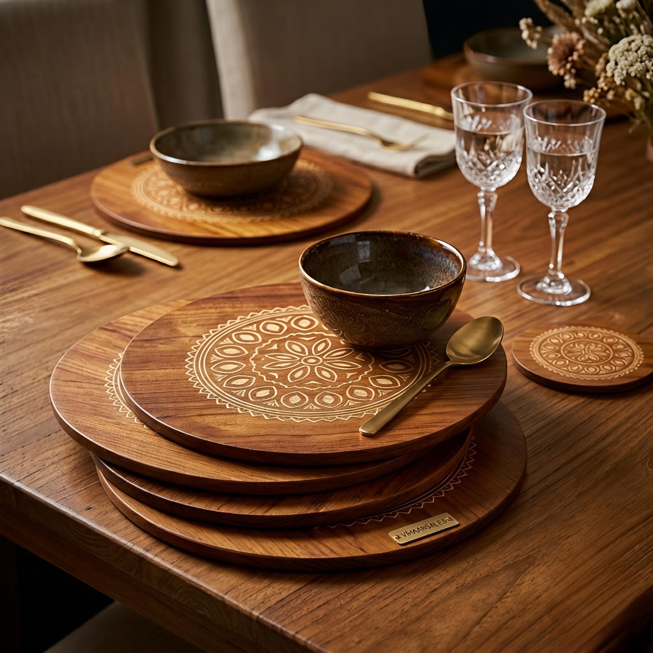 Round Wooden Trivet,Place Mate Set of 4 (20cm) |Bamboo Table Mats with Engraved Design | Heat Resistant Hot Pot Stand| Dining Table Protector | Wooden Coaster for Kitchen & Cookware (20x20 cm)