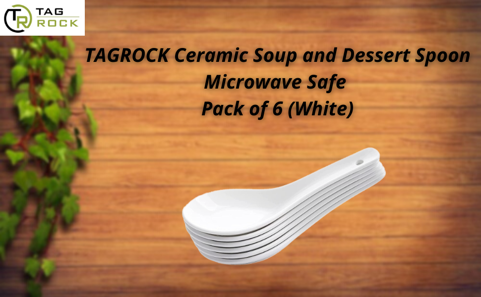Ceramic Soup and Dessert Spoon, Microwave Safe - Pack of 6 (White) - 13 Cm