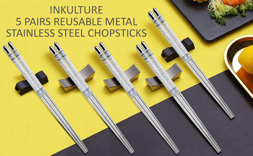 INKULTURE 5 Pairs Reusable Metal Stainless Steel Chopsticks Dishwasher Safe Lightweight Easy to Use Metal Chop Stick Utensils