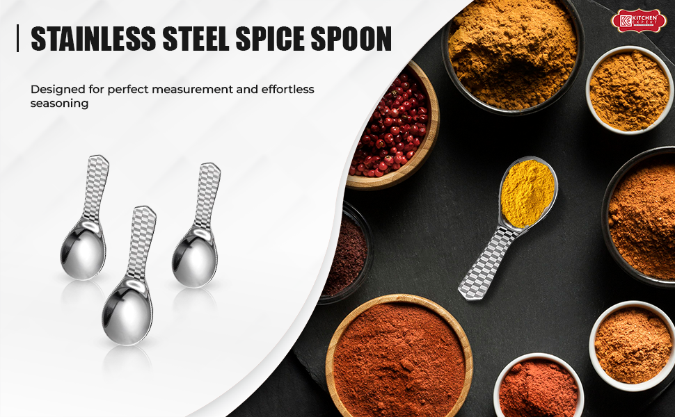 Kitchen Expert - Stainless Steel Masala Spoons | Heavy Guage | Mini Spoons for Tea/Sugar | Spices Spoon for Kitchen | for Small Containers | Spoon for Masala Dabba | Set of 6 | Silver Color