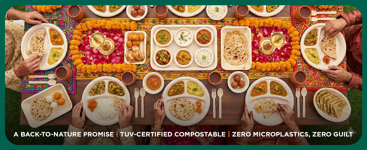 Eco Soul | 5 Compartment Bagasse Meal Tray | 11 Inch - Pack of 50 | Disposable Plates Big Size | Eco-Friendly, Durable & Leak-Proof | Great for Events, Caterers & Buffet