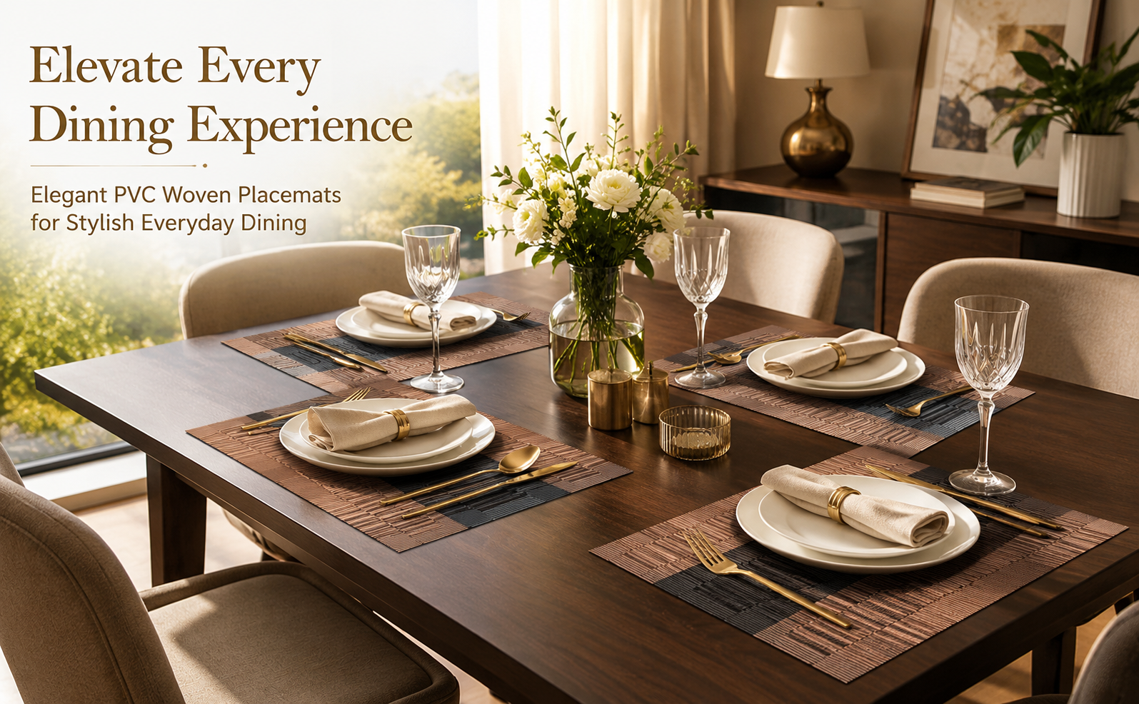FIDEO PVC Dining Table Placemats Set of 6 | Heat Resistant Non Slip Washable Woven Vinyl Table Mats | Stain Resistant Table Protector for Kitchen Dining Room | (Dark Brown)