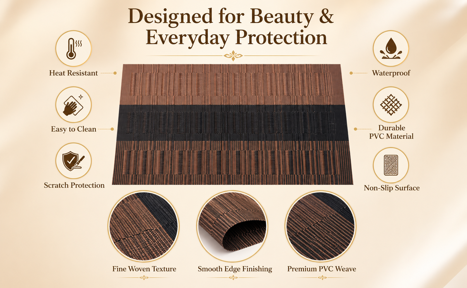 FIDEO PVC Dining Table Placemats Set of 6 | Heat Resistant Non Slip Washable Woven Vinyl Table Mats | Stain Resistant Table Protector for Kitchen Dining Room | (Dark Brown)
